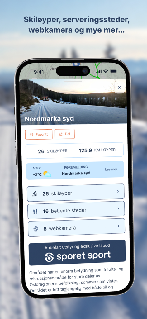 Sporet - Mobile screenshot of the Sporet app displaying ski trail stats weather and webcams for Nordmarka