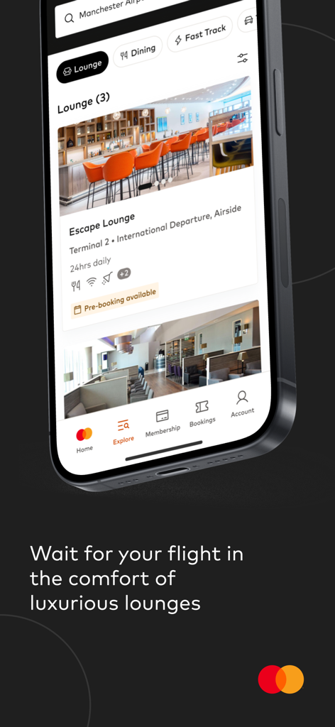 Mastercard Travel Pass - スマートフォン上のMastercard Travel Passアプリのインターフェース。空港ラウンジのオプションと予約詳細が表示されます。