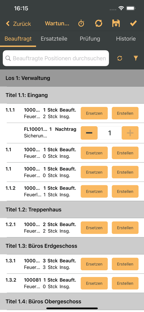 Oberfläche, die eine Liste von beauftragten Serviceaufgaben und Materialien nach Standort des Gebäudes anzeigt