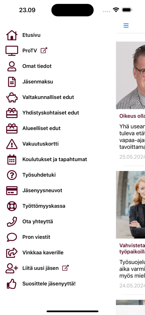 Ammattiliitto Pro - Side navigation menu of the Ammattiliitto Pro mobile app showing member benefits insurance card and news feed