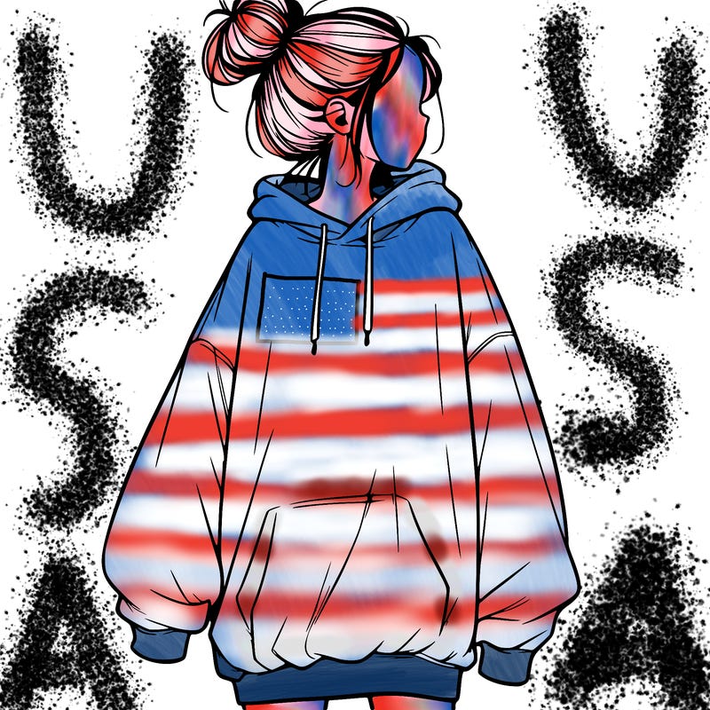 realistic girl with a oversized sweatshirt on and a bun