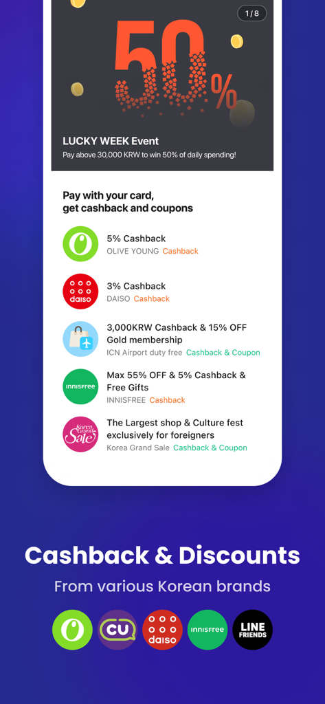 WOWPASS: Go Cashless in Korea - WOWPASS app screen displaying cashback offers and discounts from popular Korean brands like Olive Young and Daiso