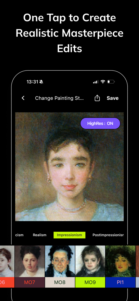 An iPhone screen showing the AI Gahaku app interface with an Impressionism filter applied to a portrait and various art style options.