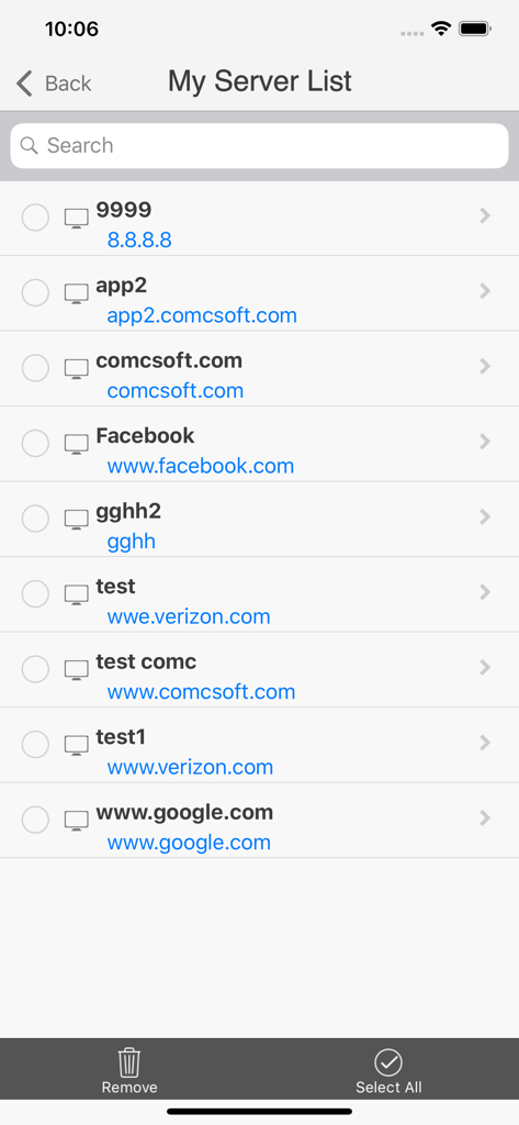iNetTools - Pro - The My Server List screen in the iNetTools Pro app showing saved IP addresses and domains