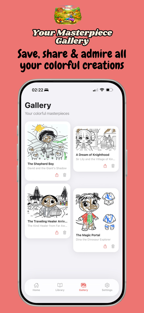 ColoringTales - La pantalla de la galería de obras maestras en ColoringTales muestra una colección de ilustraciones históricas coloreadas e historias creadas por un niño