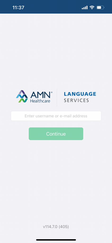 AMN Interpreting app login screen with username and email address input field for healthcare professionals