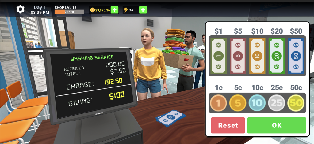 Kassenoberfläche in Laundry Manager, die zeigt, wie ein Spieler einem Kunden Wechselgeld gibt