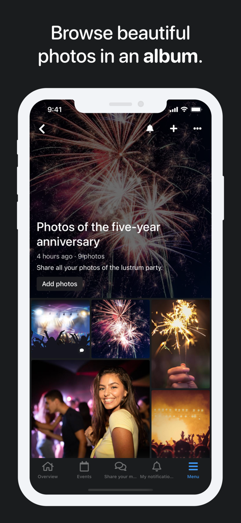 Socie - Socie app photo album showing community anniversary celebration photos.