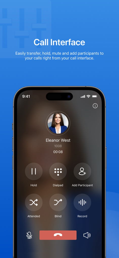 Yeastar Linkus Mobile Client - Yeastar Linkus Mobile Client call screen showing features like hold transfer and record for business VoIP calls