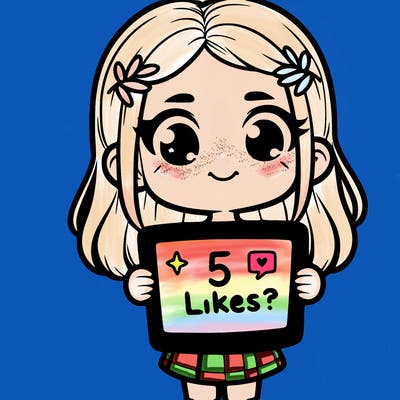 a girl holding a sign that says "5 likes?"