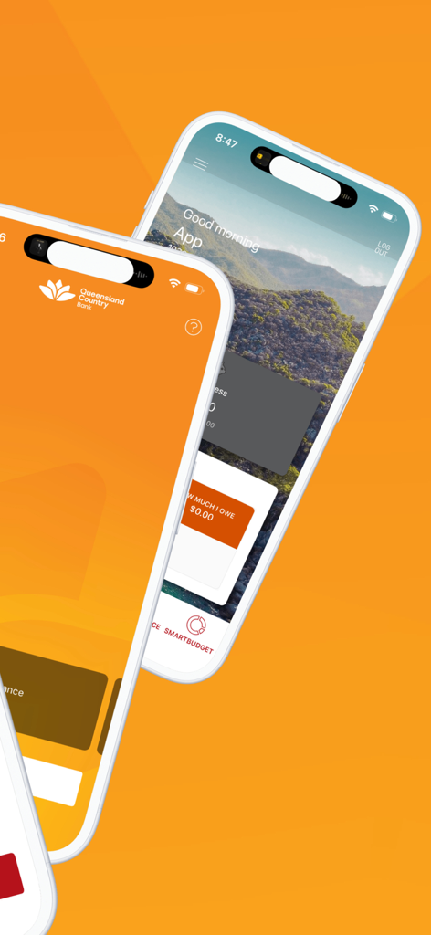 Queensland Country Banking - Multiple iPhones displaying the Queensland Country Banking app interface on an orange background