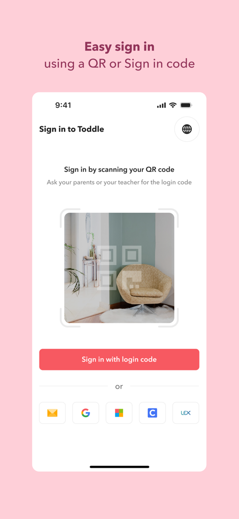 Toddle Student - Toddle Student app login screen with QR code and SSO options