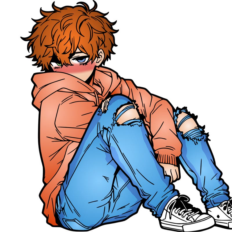 a male hoddie ripped jeans messy hair anime
