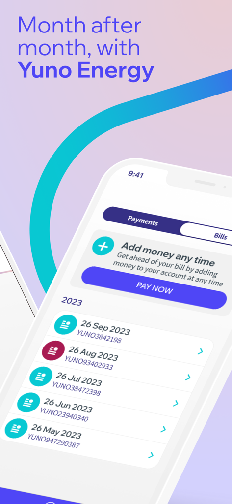 Yuno Energy - Yuno Energy app interface displaying a list of monthly payments and an option to add money to the account