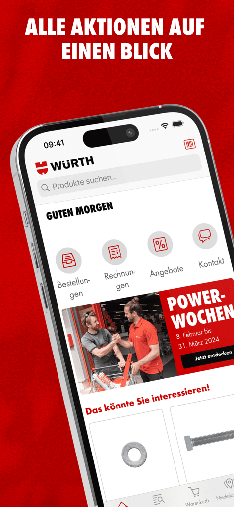 Würth Deutschland - 製品検索とプロフェッショナルな業種カテゴリを表示するWuerth Deutschlandアプリのホーム画面