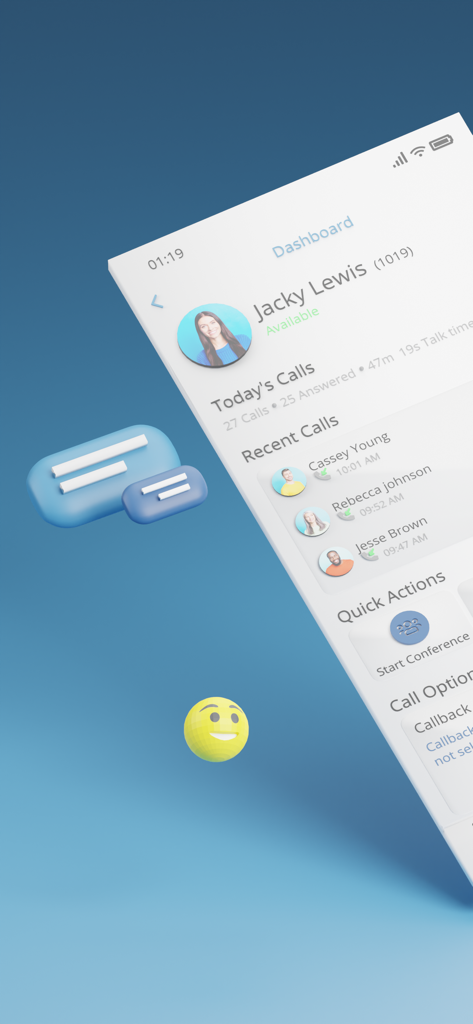 Oberfläche der mobilen App Communicator GO 7, die das Benutzer-Dashboard mit Anrufstatistiken und Aktivitäten von Kontakten zeigt