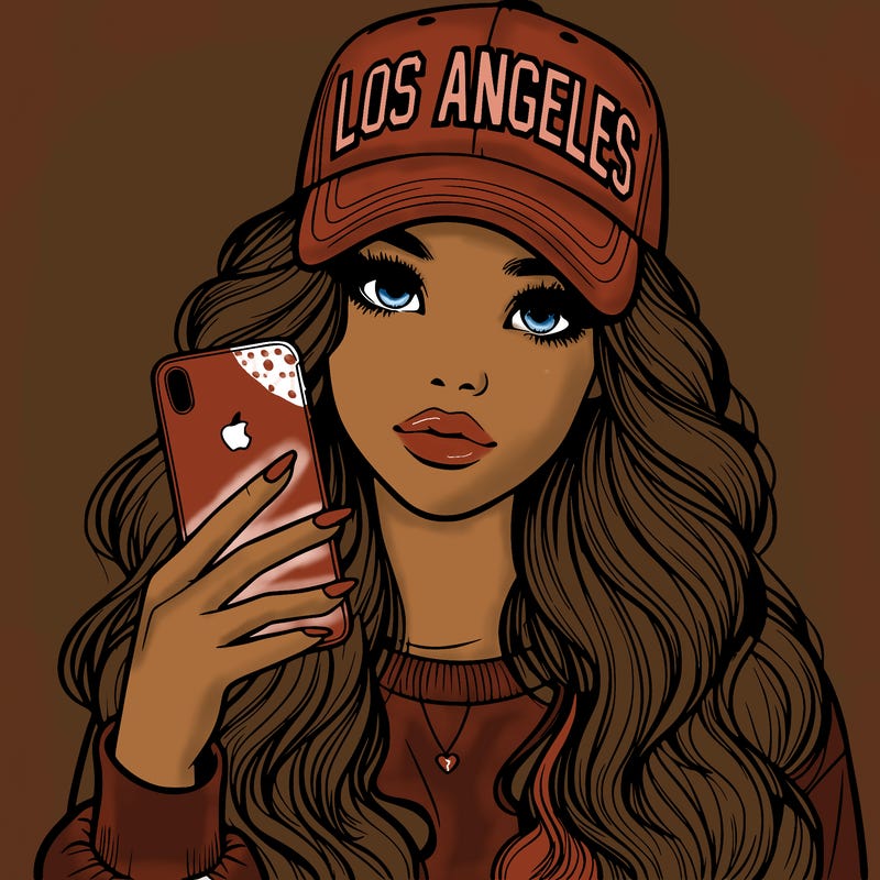 realistic beautiful girl wearing los ángeles cap holding an iphone