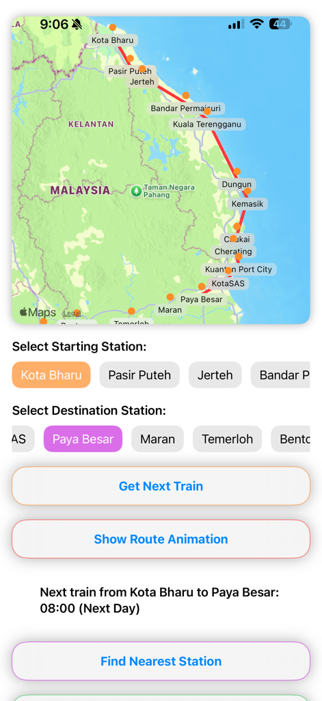EGK ECRL Map - Interface of the EGK ECRL Map app showing a rail route map and station selection buttons for traveling across Malaysia.