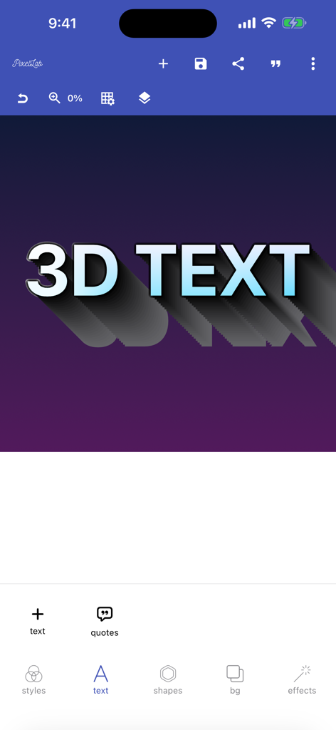 PixelLab mobile app screen showing a 3D text effect on a purple background