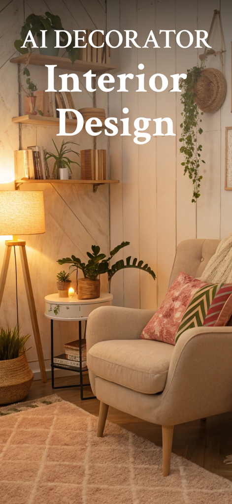 Aplicativo AI Interior Design Decorator exibindo um canto aconchegante de sala de estar com uma poltrona confortável e iluminação suave
