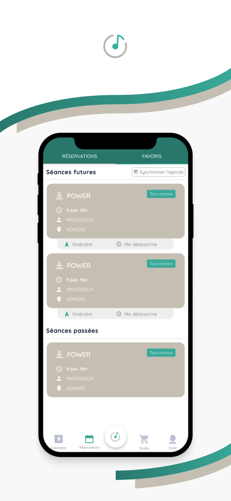 Sound Cycle app screen displaying a list of upcoming and past Power cycling classes