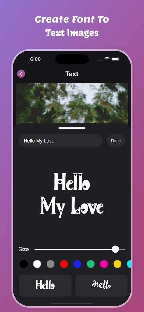 Motion Blur Effect - Mobile app interface showing font styles and color options for adding text to images.