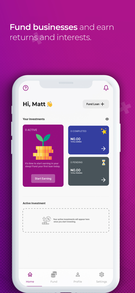 Kiakia P2P - Kiakia P2P app dashboard showing investment options and summary for a new user