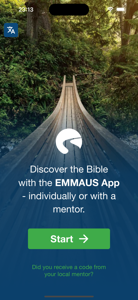 Welcome page of EMMAUS Bible study app showing a forest bridge background and start button.
