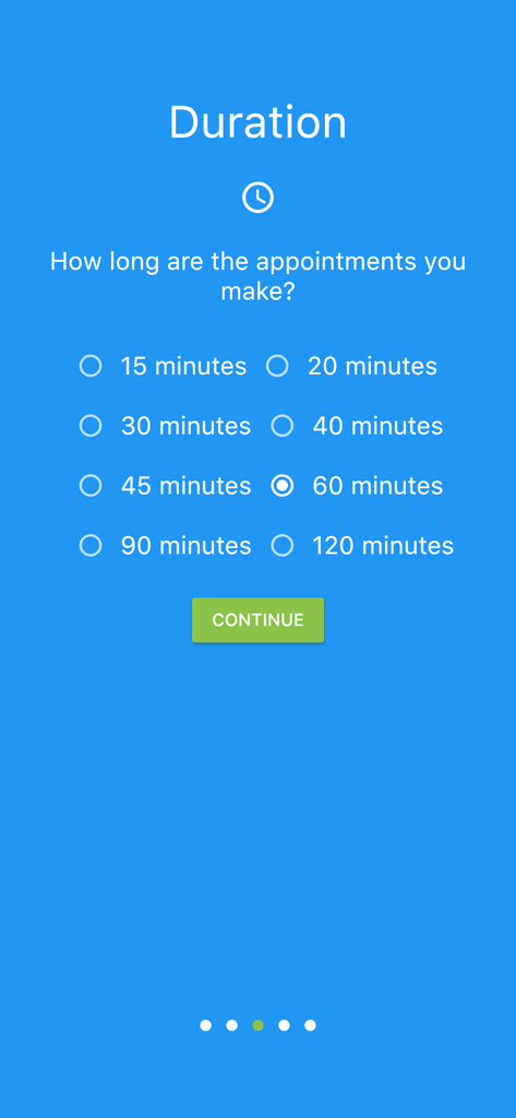 Appointment Booking System - Der Einrichtungsbildschirm der Terminbuchungssystem-App, auf dem Benutzer die Dauer ihrer Termine aus verschiedenen Minutenauswahlen auswählen können.
