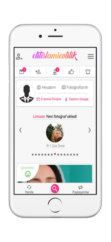 Elit İslami Evlilik Sitesi - User interface of the Elit Islami Evlilik marriage app showing profile notifications and member activity