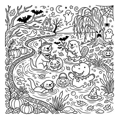 Celebrate Halloween with an adorable crew of river mammals! This charming coloring page features otters, beavers, and a hippo enjoying spooky festivities by the water.