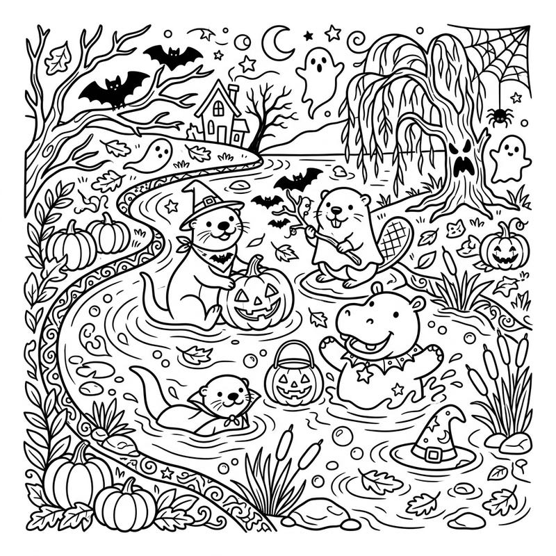 Celebrate Halloween with an adorable crew of river mammals! This charming coloring page features otters, beavers, and a hippo enjoying spooky festivities by the water.