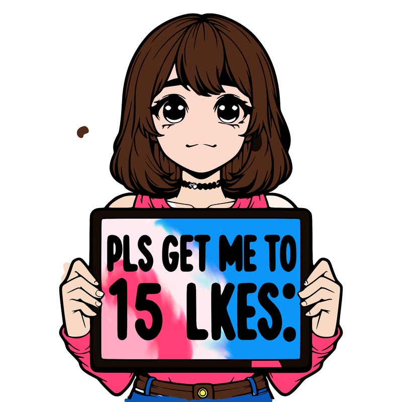 realistic girl holding up a sign that says “pls get me to 15 likes!”