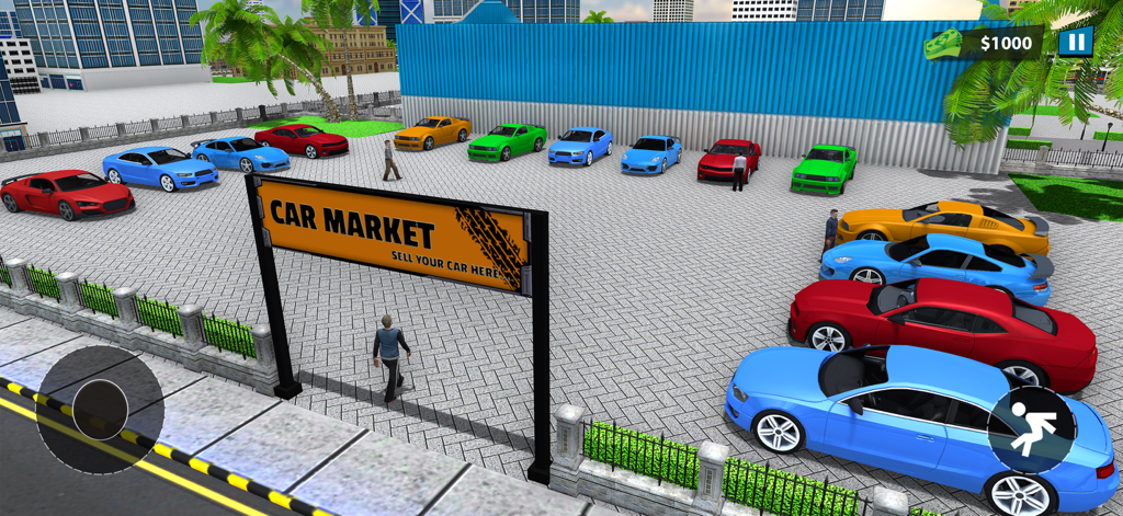 Car Building Company Games - A virtual car market lot with several colorful customized cars for sale in the Car Building Company Games app
