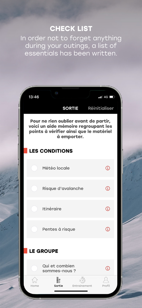 Lista de verificação para preparação de viagens em terras selvagens na aplicação ARVA mostrando condições de segurança e detalhes do grupo