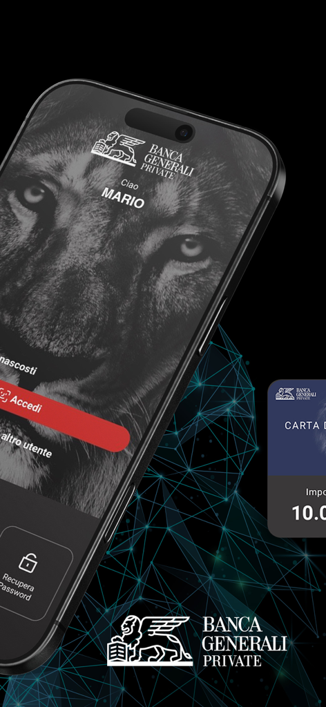 Welcome screen of the Banca Generali Private app with premium lion branding and dark mode design