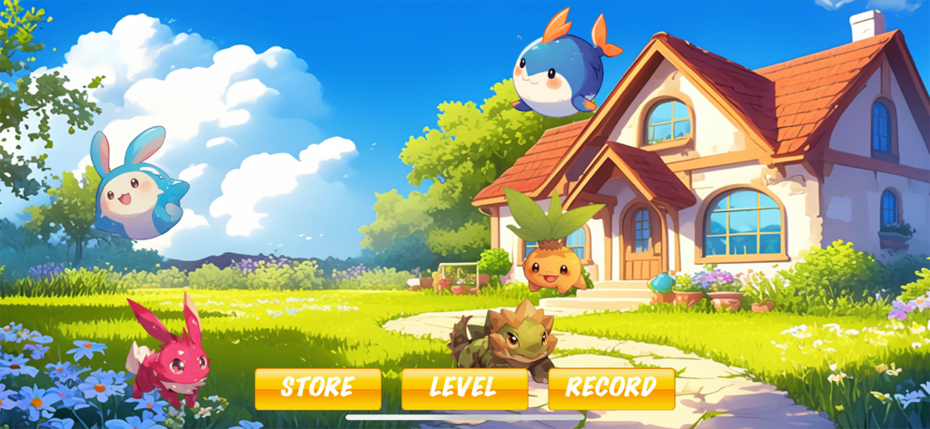 Spirit Pet Paradise - Colorful elf pets in a sunny garden in front of a cozy house in the Spirit Pet Paradise game