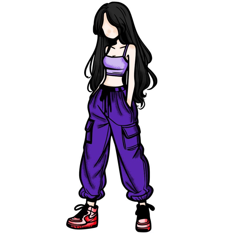 girl in baggy pants crop top and long hair