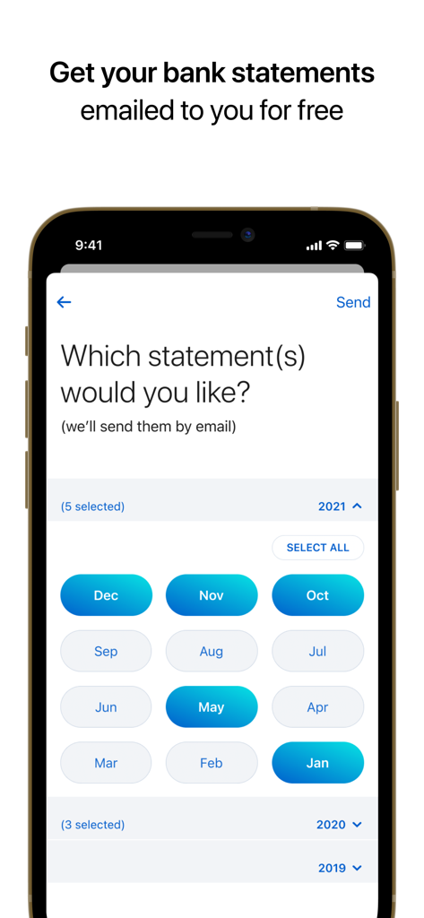 TymeBank-Mobile-App-Bildschirm zur Auswahl und kostenlosen E-Mail-Zustellung von Kontoauszügen