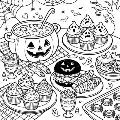 Dive into a delightful world of eerie edibles with this Halloween food coloring page. It's packed with whimsical spooky treats, perfect for bringing vibrant colors to your festive season.