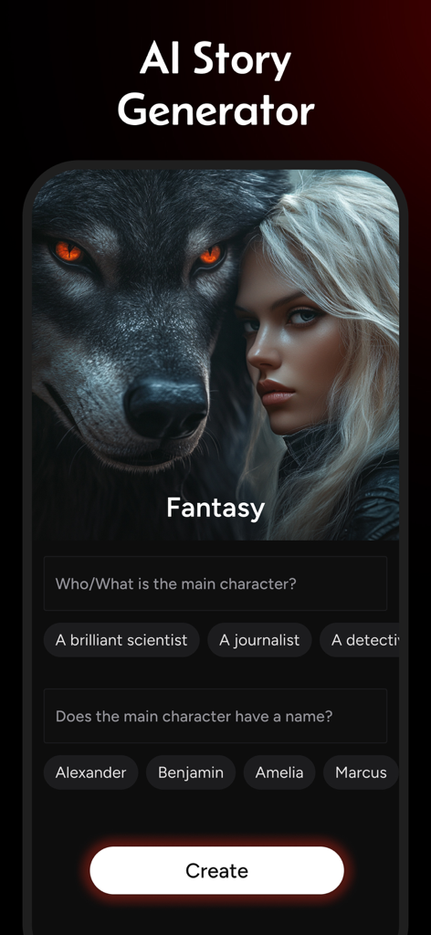 A mobile app interface for Story AI showing a fantasy story creation screen with a woman and a werewolf image and character selection prompts.