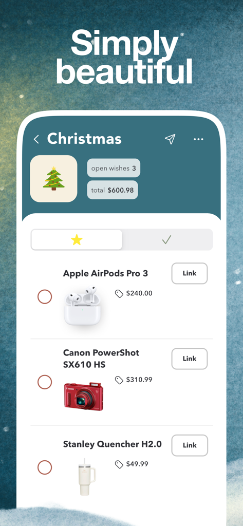 Wishlists - online wishlist - A minimalist mobile app screen showing a Christmas wishlist with items like AirPods and a Canon camera