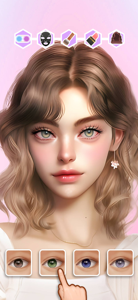 Makeup Salon - DIY Makeup game - Tela de personalização de personagem no jogo Salão de Maquiagem mostrando opções de cor dos olhos.