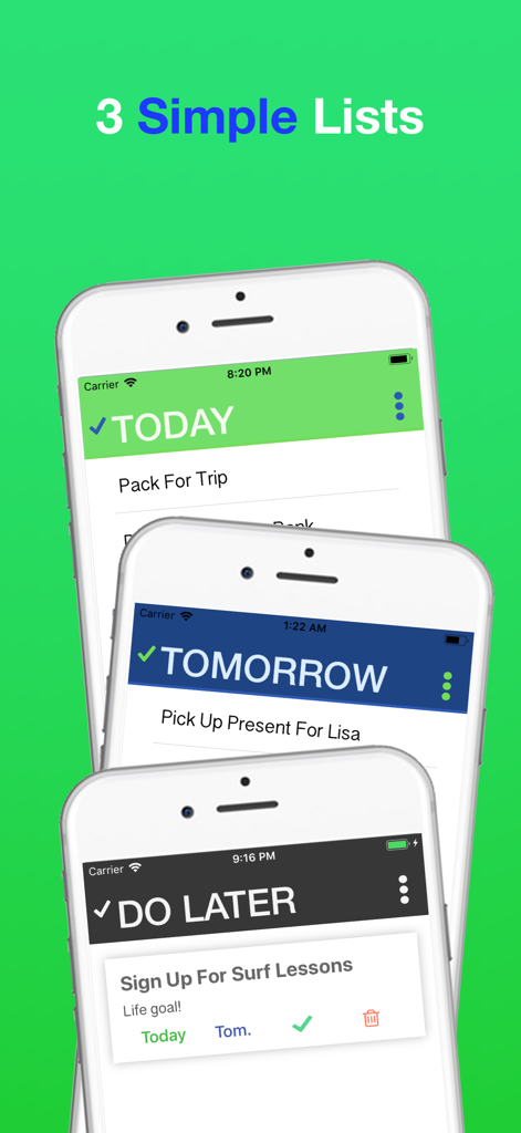 Do.List: To Do List Organizer - La interfaz de la aplicación Do.List mostrando tres listas de tareas priorizadas para hoy, mañana y después.