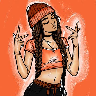 realistic teenage girl with braids and a beanie and crop top doing 🫶🏼
