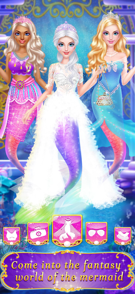 Mermaid Makeup Dressup - Three mermaid characters with fashionable dresses and crowns in a magical fantasy world