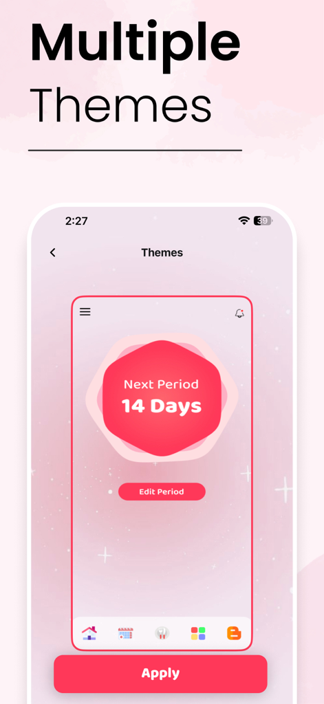 Mobile app interface displaying customizable theme options for period tracking