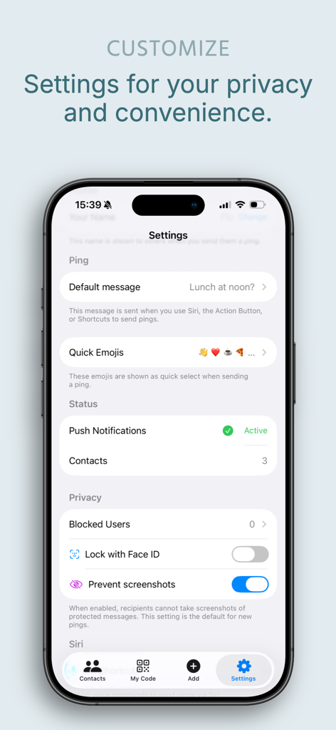 PingPair - La pantalla de configuración de la aplicación PingPair que muestra opciones de privacidad como bloqueo con Face ID y prevención de capturas de pantalla, junto con la personalización de mensajes.