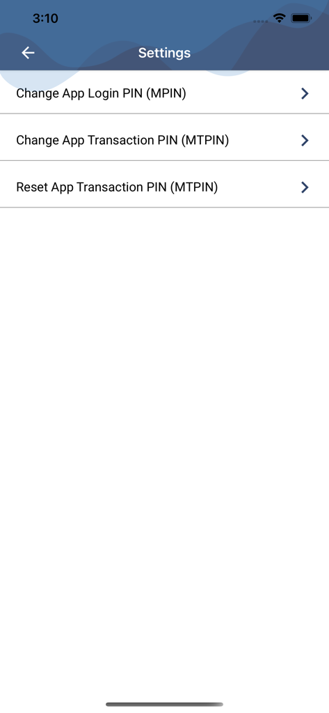 MSC Bank - Pantalla de configuración de la aplicación MSC Bank mostrando opciones para cambiar el PIN de inicio de sesión y gestionar los PIN de transacción.
