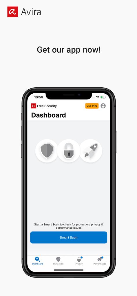 Interfaz de la aplicación Avira Mobile Security con el botón Smart Scan en el panel